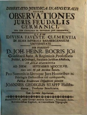 Dissertatio Juridica Inauguralis Sistens Observationes Juris Feudalis Germanici : Una Cum Corollariis Ex Universo Jure Desumtis