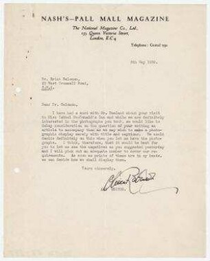 Brief von Oliver Robinson, Nash’s-Pall Mall Magazine, London an Erich Salomon