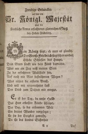 Freudige Gedancken auf den von Sr. Königl. Majestät über die feindliche Armee erfochtenen glorreichen Sieg bey Hohen Friedeberg.