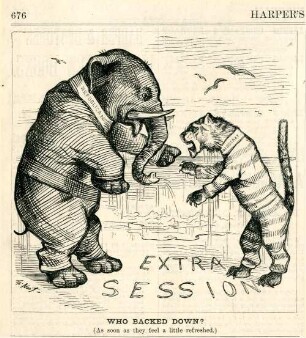 Who backed down? (As soon as they feel a little refreshed : nachdem sich der republikanische Elefant und der demokratische Tiger durch ein gemeinsames Bad im Meer erfrischt haben, streiten sie sich wieder über eine Sondersitzung des Kongresses