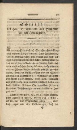 Schreiben des Hrn. D. Gmelins aus Heilbronn an den Herausgeber