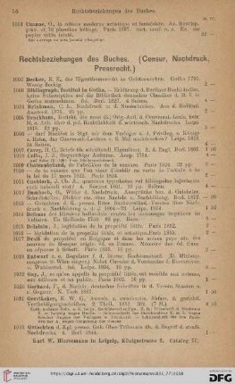 Rechtdbeziehungen des Buches. Censur, Nachdruck, Pressrecht (Nr. 1002 - 1060)