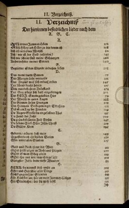 II. Verzeichniß Der hierinnen befindlichen Lieder nach dem A. B. C.