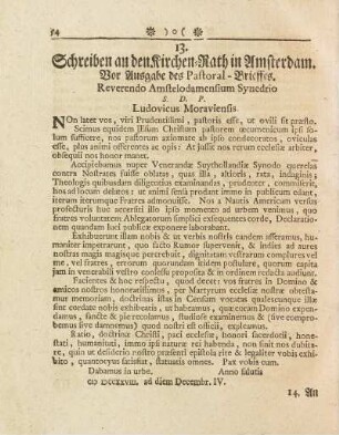 13. Schreiben an den Kirchen-Rath in Amsterdam. Vor Ausgabe des Pasthoral-Brieffes
