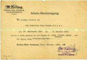 Bescheinigung über die Beschäftigung als Plätterin in einem Reinigungsbetrieb