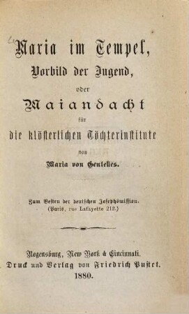Maria im Tempel, Vorbild der Jugend, oder Maiandacht für die klösterlichen Töchterinstitute