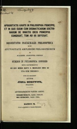 De aprioritatis Kantii in philosophia principio, et in quo quum dogmaticarum doctrinarum de innatis ideis principiis congruat, tum ab iis differat