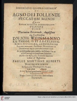 Dissertatio Quadragesimalis De Agno Dei Tollente Peccatum Mundi