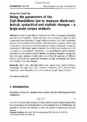 Using the parameters of the Zipf–Mandelbrot law to measure diachronic lexical, syntactical and stylistic changes – a large-scale corpus analysis