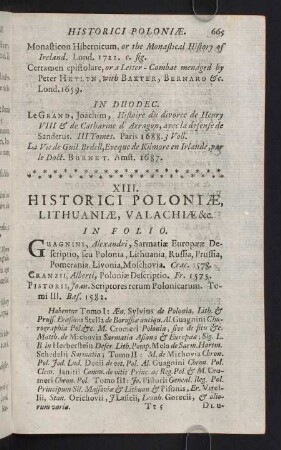 665-721, XIII. Historici Poloniae, Lithuaniae, Valachiae &c. - XX: Itineraria