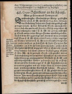 48. Copia Schreibens an die Königl. Mayt. zu Dennemarck/ Norwegen/ etc.