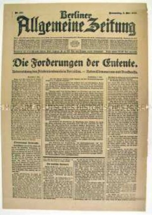 Tageszeitung "Berliner Allgemeine Zeitung" zur Überreichung des Entwurfes des Versailler Vertrages