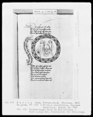 Heinrich von Laufenberg, Regimen sanitatis, deutsch — Mars und Jupiter, dazwischen die Zwillinge, Folio 108recto