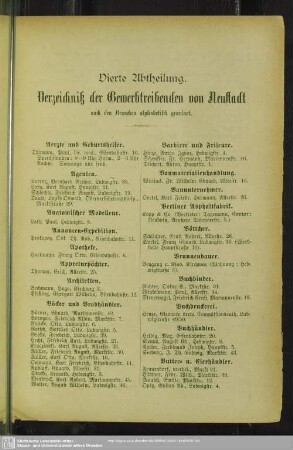 Vierte Abtheilung. Berufsklassen und Gewerbebetriebe : Vierte Abtheilung. Verzeichniß der Gewerbtreibenden v. Neustadt