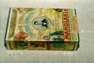 Blechdose für 100 Zigaretten "CIGARETTES EGYPTIENNES 'POUR LES PRINCES' E. MANOLAKI und Co. (Abbildung eines männlichen Porträts mit Zigarette)