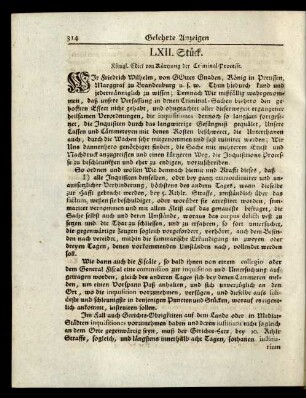 LXII. Stück. Königl. Edict von Kürtzung der Criminal-Processe.