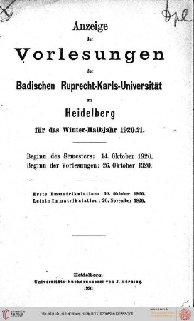 Wintersemester 1920/1921