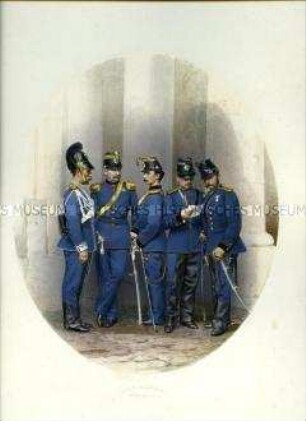 Uniformdarstellung, Porträtfoto, Major, Leutnant und Mannschaft des Train-Batallions, Sachsen, 1865.