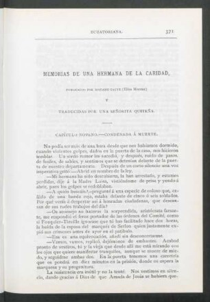 Memorias de una hermana de la caridad : Publicadas por Madame Gagne [Elisa Moreau] y traducidas por una señorita Quiteña