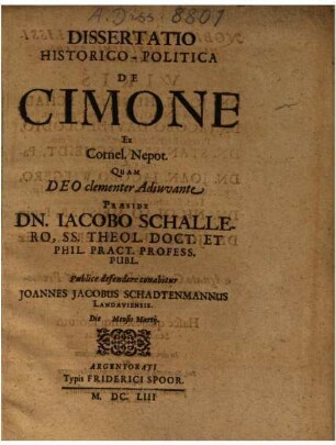 Dissertatio Historico-Politica De Cimone : Ex Cornel. Nepot.