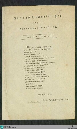 Auf das Hochzeit-Fest unsres geliebten Bruders : am 6ten im Februar 1811; [Gedicht]