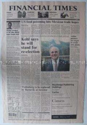 Amerikanische Tageszeitung "Financial Times" mit der Ankündigung von Helmut Kohn zur erneuten Kandidatur bei der Bundestagswahl 1998
