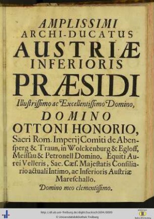 Illustrissimo ac excellentissimo domino domino Ottoni Honorio…