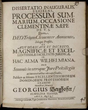 Dissertatio Inauguralis, Exhibens, Processum Summarium, Occasione Clementinae Saepe De U. S.