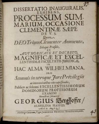 Dissertatio Inauguralis, Exhibens, Processum Summarium, Occasione Clementinae Saepe De U. S.