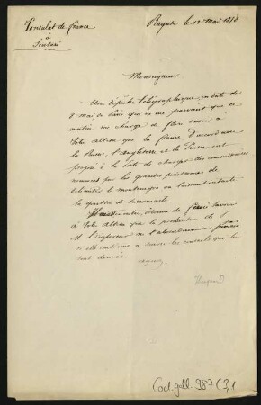 52 Briefe, Originale bzw. Abschriften: Diplomatische Korrespondenz der Hauptakteure der Montenegropolitik der Jahre 1857-1861 - BSB Cod.gall. 987(1-5. Teil 3,1, The Hyacinthe Hecquard - Prince Danilo I correspondence, 1858 (5 pieces of correspondence written during the dramatic first half of 1858), Nr. 1: Hyacinthe Hecquard (Ragusa) to Prince Danilo I, March 12, 1858 - BSB Cod.gall. 987(3,1