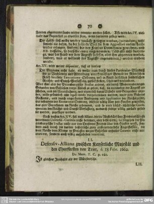 LI. Defensiv-Allianz zwischen Kayserliche Majestät und den Churfürsten von Trier, d. 18. Febr.1662