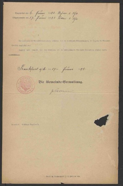 Ausstellung eines Verehelichungszeugnisses an den in Frammersbach
                     wohnenden Kaufmann Joseph Friedrich Koplitz - Verehelichung mit der
                     Restaurateuerstochter Anna, geb. Weisberger, aus Frankfurt / Main, 1898,
                     Verehelichung mit der Metzgermeisterstochter Amalie Katharina, geb.
                     Immerschitt, aus Aschaffenburg, 1902, Bürgerrechtsverleihung, 1902