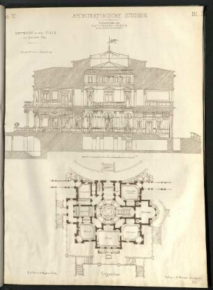 Entwurf zu einer Villa. Schnitt, Grundriss Erdgeschoss