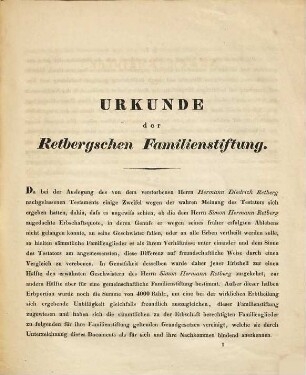 Urkunde der Retbergschen Familienstiftung und Stamm-Tafeln der Retbergschen Familie