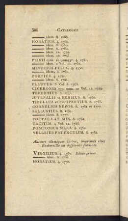 Auteurs classiques latins, imprimés chez Baskerville en différens formats.