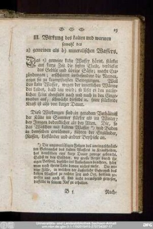 III. Wirkung des kalten und warmen sowohl des a) gemeinen als b) mineralischen Wassers.