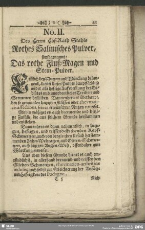 No. II. Des Herrn Hof-Rath Stahls Rothes Salinisches Pulver, sonst genannt: Das rothe Fluß-Magen und Stein-Pulver