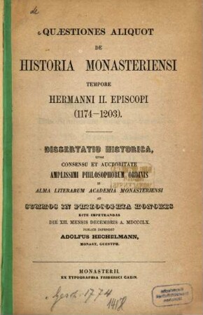 Quaestiones aliquot de historia Monasteriensi tempore Hermanni II. episcopi : (1174 - 1203) (Münsterer, Diss.)
