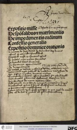 Expositio misse, De sponsalibus et matrimoniis, De impedimentis ordinum, Confessio generalis, Expositio dominice orationis.
