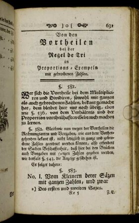 Von den Vortheilen bei der Regel de Tri in Proportions-Exempeln mit gebrochenen Zahlen.