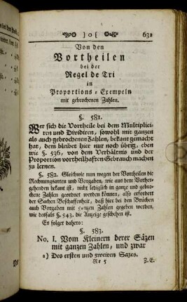 Von den Vortheilen bei der Regel de Tri in Proportions-Exempeln mit gebrochenen Zahlen.