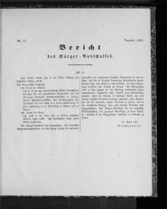 Nr. 13. Bericht des Bürger=Ausschusses. December 1863.