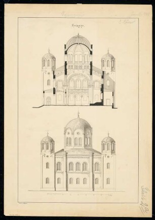 Synagoge Monatskonkurrenz Januar 1848: Aufriss Seitenansicht, Längsschnitt; Maßstabsleiste