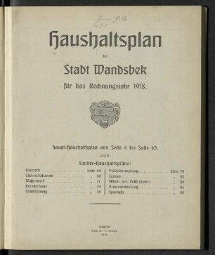 1918: Haushaltsplan der Stadt Wandsbek