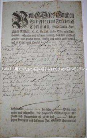 Erbzinsbrief über 2 1/2 Morgen Land für den Weißgerbermeister Johann Wilhelm Christian Schiele aus Bernburg
