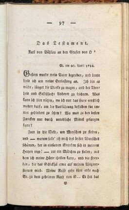 Das Testament. Karl von Bühlau an den Grafen von O*