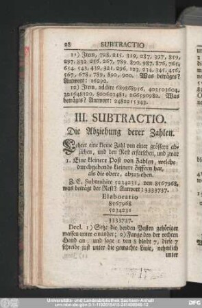 III. Subtractio. Die Abziehung derer Zahlen.