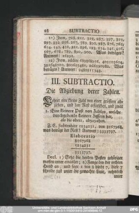 III. Subtractio. Die Abziehung derer Zahlen.