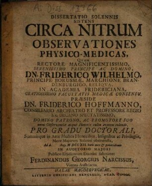 Dissertatio Solennis Sistens Circa Nitrum Observationes Physico-Medicas