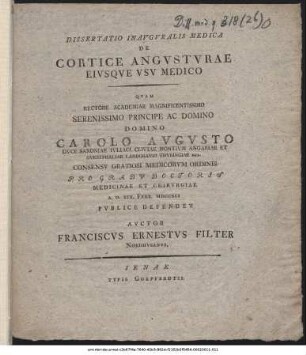 Dissertatio Inavgvralis Medica De Cortice Angvstvrae Eivsqve Vsv Medico